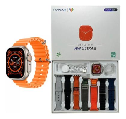 Imagem de Relógio Hw Ultra2 Laranja NFC Faz Ligações Bluetooth com Troca Pulseira e Fundo Personalizado