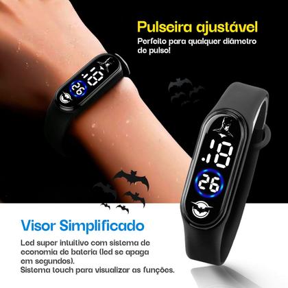 Imagem de relogio infantil digital batman prova dagua criança + caixa preto qualidade premium esportivo original presente menino