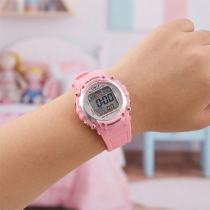Imagem de Relógio Infantil Digital Feminino de Pulso Rosa com Pulseira de Silicone Pequeno Delicado Fashion Onix