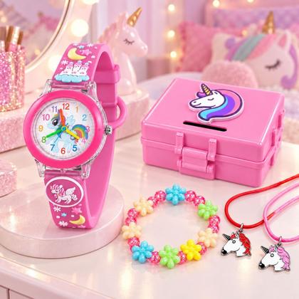 Imagem de relogio infantil silicone rosa + colar pulseira + caixa crianca qualidade premium pulseira ajustavel protecao uv acetato