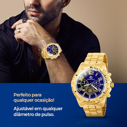 Imagem de Relogio inox banhado masculino + pulseira cordao grumet dourado aço inoxidável original religioso presente social ouro