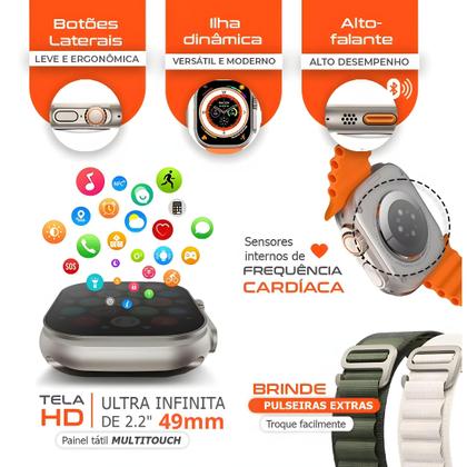 Imagem de Relógio Inteligente 2024 Watch Ultra 7 Pulseiras Bluetooth 49mm Compatível Android e iOS, Modo Esporte, Tela 2.2
