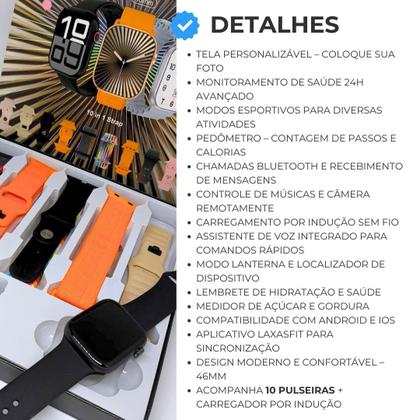 Imagem de Relógio inteligente Smartwatch W10 X Lançamento com 10 pulseiras 46mm Esportivo para Android e iOs Masculino e Feminino