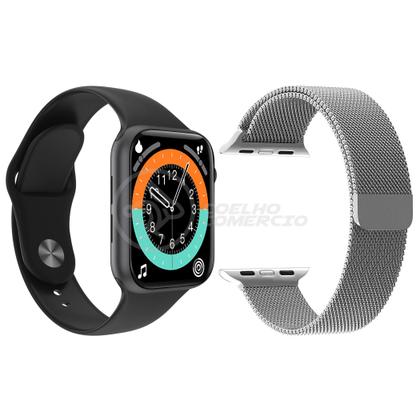 Imagem de Relógio Inteligente SmartWatch X16 Preto com Jogos Android iOS + 1 Pulseira Extra Aço Milanese Prata