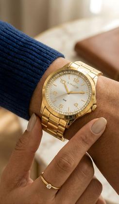 Imagem de Relógio Lince Feminino De Pulso Dourado Analógico Quartz Pulseira De Aço Inoxidável Com Strass E Pedras Brilhantes Original