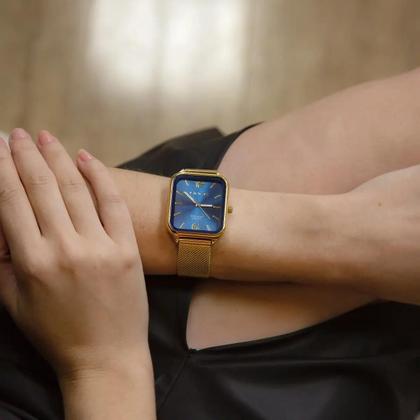 Imagem de Relogio Lince feminino dourado quadrado mostrador azul retangular a prova de agua banhado folheado MQGH213L34 D2KX