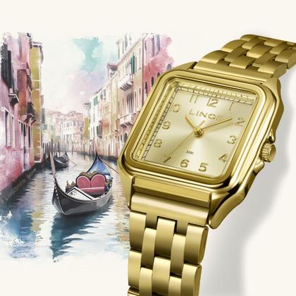 Imagem de Relogio Lince Feminino dourado quadrado pequeno banhado folheado com numeros LQGM046L30 C2KX