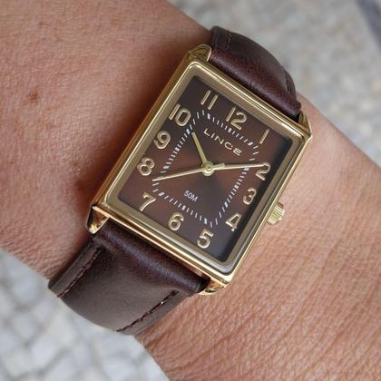 Imagem de Relogio Lince Feminino quadrado dourado marrom com numeros pulseira de couro