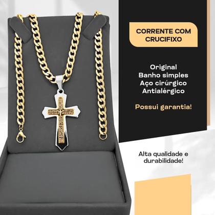 Imagem de Relogio Masculino Aço Banhado + Caixa + Crucifixo Cordão catolico presente silicone religioso dourado social ouro grumet