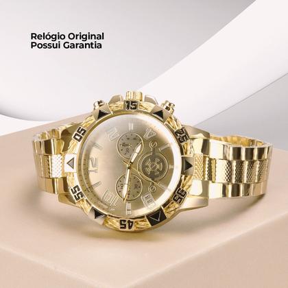 Imagem de relogio masculino aço banhado ouro + pulseira + crucifixo presente casual grande social robusto qualidade premium pesado