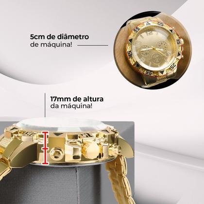 Imagem de relogio masculino aço banhado ouro + pulseira + crucifixo presente casual grande social robusto qualidade premium pesado