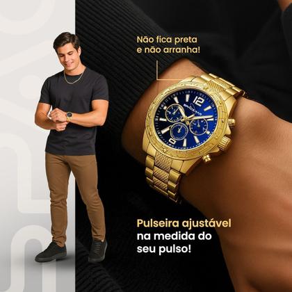 Imagem de relogio masculino aço inox dourado + oculos sol + cordao acetato casual presente ponteiro inoxidável social proteção uv