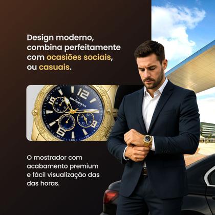 Imagem de relogio masculino aço inox dourado + oculos sol + cordao acetato casual presente ponteiro inoxidável social proteção uv