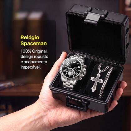 Imagem de relogio masculino aço inox prata + corrente + caixa + pulseira casual presente preto social original analogico