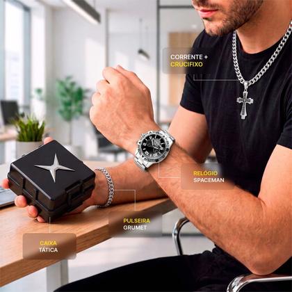 Imagem de relogio masculino aço inox prata + corrente + caixa + pulseira casual presente preto social original analogico