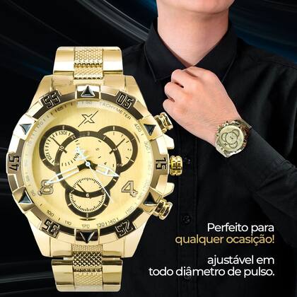 Imagem de relogio masculino aço inoxidável dourado caixa premium grande original presente analogico social pesado casual ponteiro