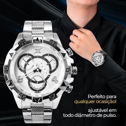 Imagem de relogio masculino aço prata + pulseira + corrente analogico presente inoxidável ponteiro religioso pesado social grande