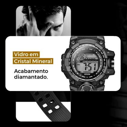 Imagem de relogio masculino aco preto digital + cordao ajustavel ponteiro grande autentico silicone social led original pesado
