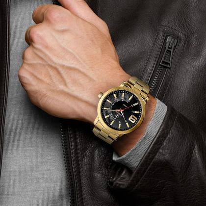 Imagem de Relógio Masculino Analógico de Pulso com Caixa e Pulseira de Aço Inoxidável Dourado e Preto Social Casual Luxo Elegante Tuguir