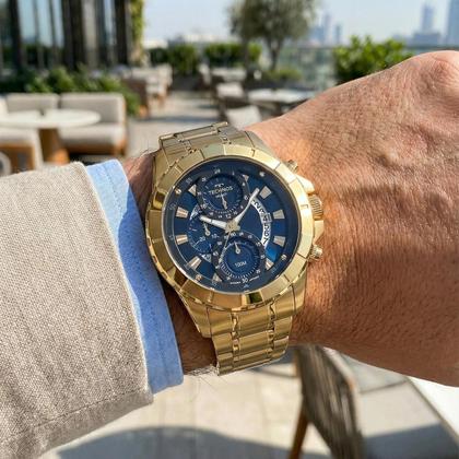 Imagem de Relógio Masculino Analógico de Pulso Dourado e Azul com Caixa e Pulseira de Aço Inoxidável à Prova D Água Luxo Casual Social Technos Legacy