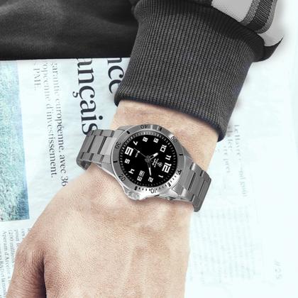 Imagem de Relogio Masculino Analógico De Pulso Movimento Quartzo com Caixa e Pulseira de Aço Inoxidável Prata e Preto Luxo Linha Premium Infinity Tuguir