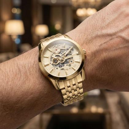 Imagem de Relógio Masculino Automático de Pulso Dourado com Caixa e Pulseira de Aço Inoxidável à Prova D Água com Maquinismo Visível Esqueleto Technos