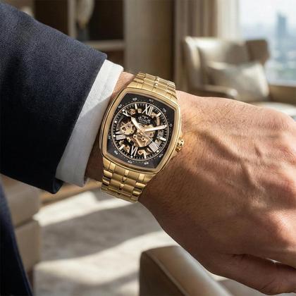 Imagem de Relógio Masculino Automático de Pulso Dourado Quadrado com Caixa e Pulseira de Aço Inoxidável à Prova D Água Luxo Elegante Casual Social Technos