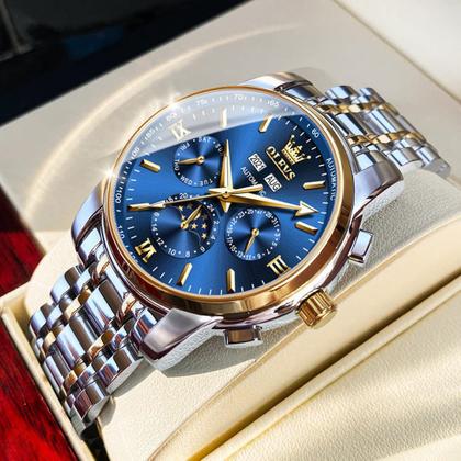 Imagem de Relógio masculino automático OLEVS Self Winding Mechanical Luxury Dress Moon Phase, aço inoxidável, rosto azul, impermeável, calendário luminoso, relógio de pulso