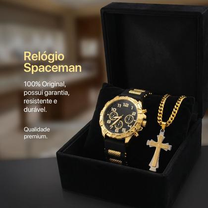 Imagem de relogio masculino banhado aço + cordão crucifixo + pulseira pai nosso grumet casual presente religioso inoxidável social