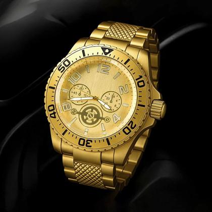 Imagem de relogio masculino banhado aco + pulseira + corrente grumet presente dourado original analogico casual cordao social