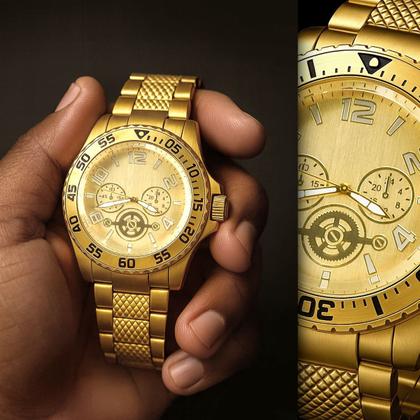 Imagem de relogio masculino banhado aco + pulseira + corrente grumet presente dourado original analogico casual cordao social