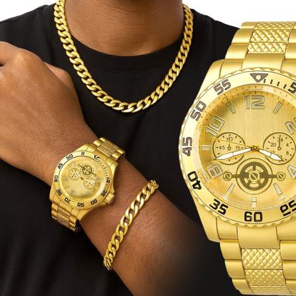 Imagem de relogio masculino banhado aco + pulseira + corrente grumet presente dourado original analogico casual cordao social