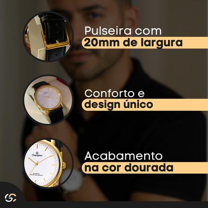 Imagem de Relogio Masculino Champion Analogico Aço Inoxidavel Dourado Pulseira Couro Original Resistente a Agua 1 Ano de Garantia CN20042B