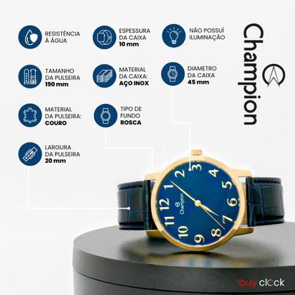 Imagem de Relógio Masculino Champion Dourado Caixa Aço Pulseira material sintético Mostrador Azul Original Resistente à Água CN2064OR