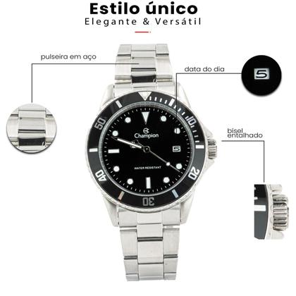 Imagem de Relógio Masculino Champion Prata Aço Mostrador Preto Original Resistente à Água RCHCA31266T