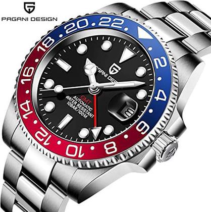 Imagem de Relógio masculino de aço inoxidável Pagani Design GMT automático de vidro safira moderno negócios, Azul, vermelho