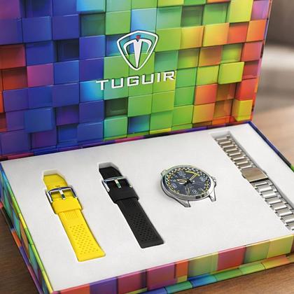 Imagem de Relógio Masculino de Pulso Prata e Cinza com Caixa de Aço Inoxidável Troca a Pulseira Kit c/ 3 Pulseiras Coloridas Casual Tuguir