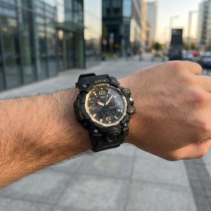 Imagem de Relógio Masculino Digital Analógico Preto e Dourado de Pulso com Pulseira de Silicone à Prova D Água Militar Tático Shock Onix