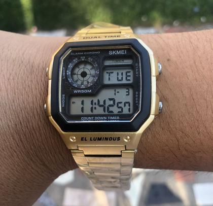 Imagem de Relógio Masculino Digital Dourado Quadrado Skmei 1335 social inox