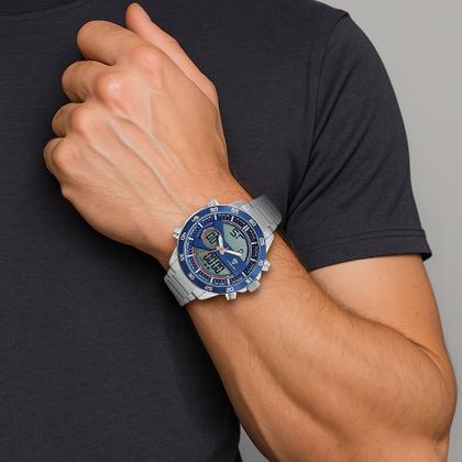 Imagem de Relógio Masculino Digital e Analógico de Pulso Prata e Azul com Pulseira e Caixa de Aço Inoxidável Luxo Elegante Tuguir