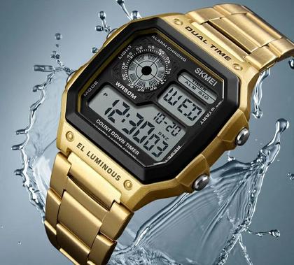 Imagem de Relógio masculino digital esportivo skmei 1335 dourado pulseira em inox quadrado