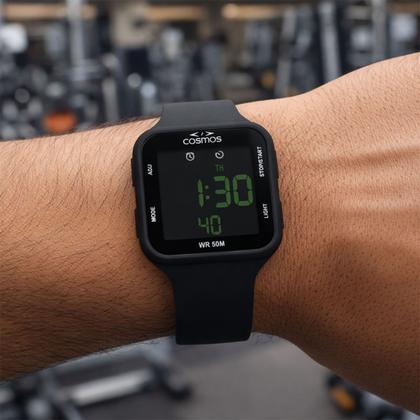 Imagem de Relógio Masculino Digital Preto de Pulso Quadrado com Pulseira de Silicone à Prova D Água Esportivo Casual Cosmos