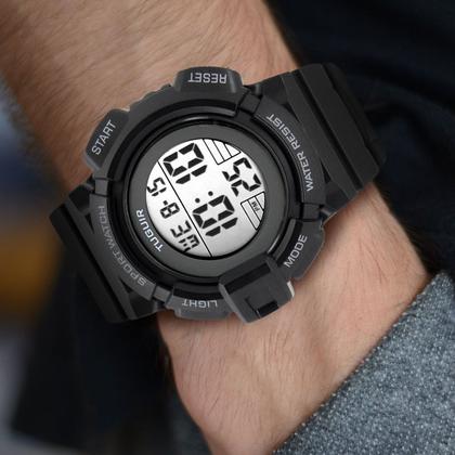 Imagem de Relógio Masculino Digital Preto Esportivo de Pulso com Pulseira de Silicone Resistente à Água 5 ATM Redondo Sock Tático Militar Tuguir