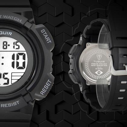 Imagem de Relógio Masculino Digital Preto Esportivo de Pulso com Pulseira de Silicone Resistente à Água 5 ATM Redondo Sock Tático Militar Tuguir