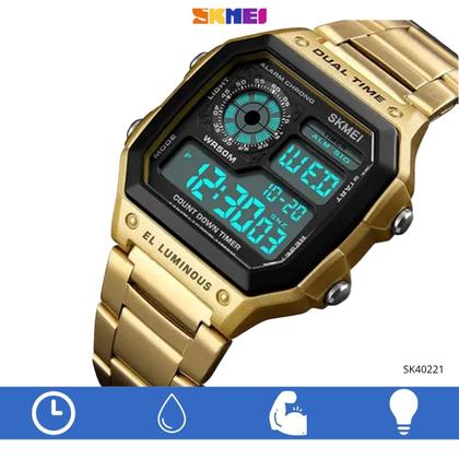 Imagem de Relógio Masculino Digital Skmei 1335 Resistente à água 5 ATM Preto e Branco Caixa em Resina Dourado Pulseira de Aço Visor Acrílico Quadrado Dobrável
