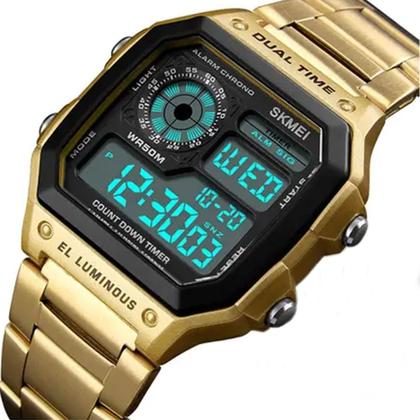 Imagem de Relógio Masculino Digital Skmei 1335 Resistente à água 5 ATM Preto e Branco Caixa em Resina Dourado Pulseira de Aço Visor Acrílico Quadrado Dobrável