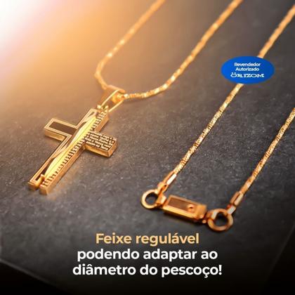 Imagem de relogio masculino dourado analogico aço inox social original + colar cruz + caixa - presente homem