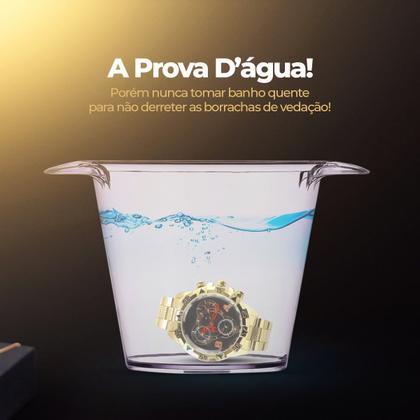 Imagem de Relógio Masculino Dourado Bandado Ouro Prova D'Água Fundo Preto + Pulseira + Corrente Qualidade Premium Presente Social Casual