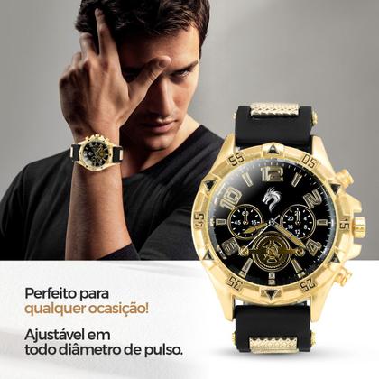 Imagem de relogio masculino dourado + cordão crucifixo + pulseira presente analogico religioso preto grumet qualidade premium