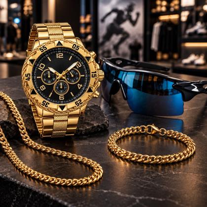 Imagem de relogio masculino dourado + cordão + oculos sol + pulseira original social proteção uv religioso aço inoxidável presente